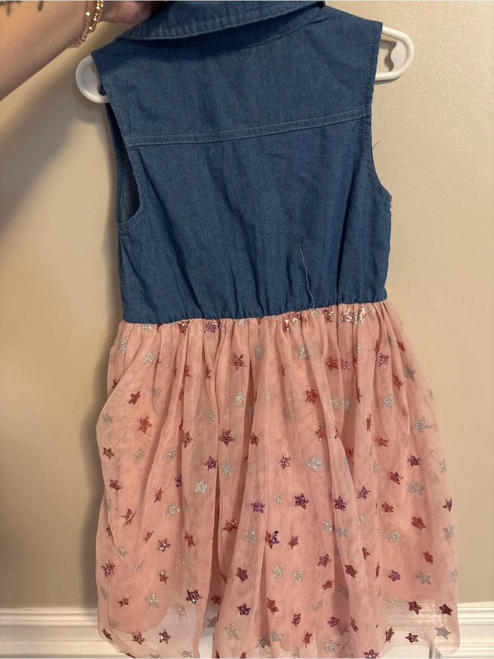 Sleeveless Denim & Pink Star Tulle Dress for Girls